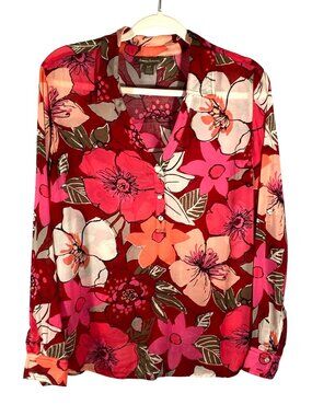 Tommy Bahama Womens S Hibiscus roll tab Floral Pink Blouse 100% Rayon featherwei